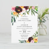 Chic Burgundy Yellow Waterverf Floral Wedding Kaart (Staand voorkant)