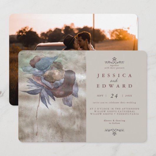 Chic Burnt Ombre Waterverf Bloemen Foto Bruiloft Kaart (Voorkant / Achterkant)