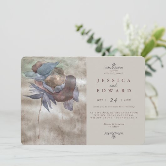 Chic Burnt Ombre Waterverf Bloemen Foto Bruiloft Kaart (Staand voorkant)