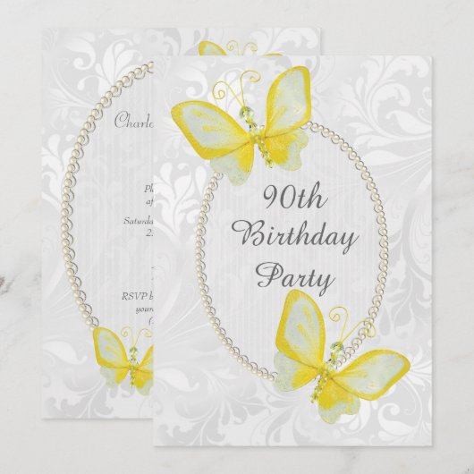 Chic Butterflies Damask 90th Birthday Double Sided Kaart (Voorkant / Achterkant)