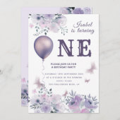 Chic Butterfly ballon lila 1 verjaardag Kaart (Voorkant / Achterkant)