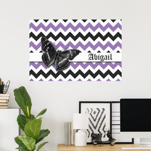 Chic  Butterfly Paars Gray Chevron Pattern Poster (Thuiskantoor)