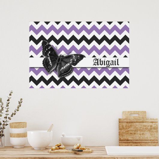 Chic  Butterfly Paars Gray Chevron Pattern Poster (Keuken)