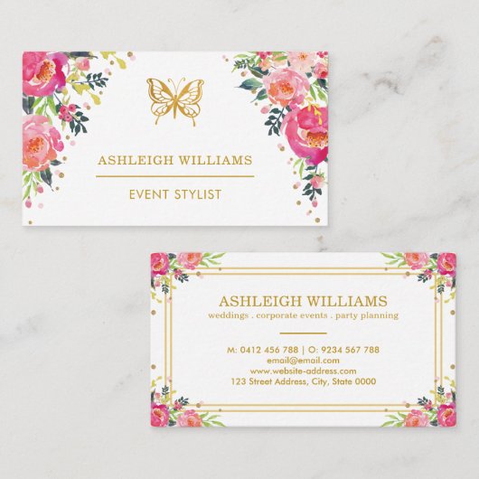 Chic Butterfly / roze Waterverf Floral Visitekaartje (Voorkant / Achterkant)