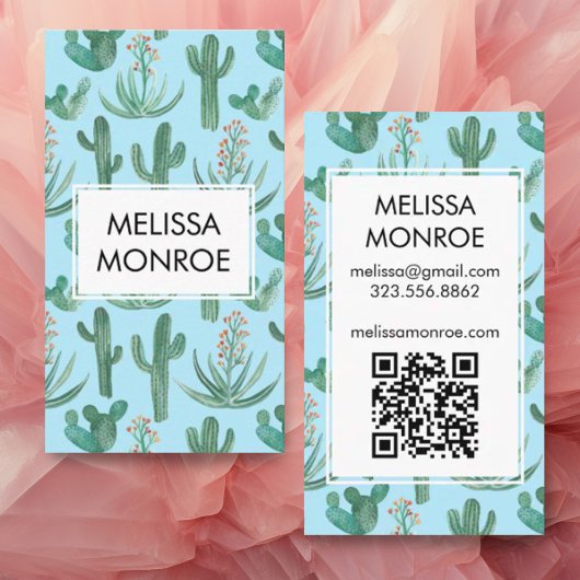 Chic Cacti & Succulents Dert Waterverf QR Code Visitekaartje