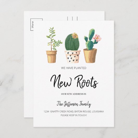 Chic Cactus Planed New Roots Moved Moving Aankondigingskaart (Voorkant / Achterkant)