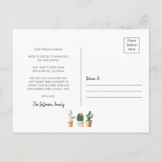 Chic Cactus Planed New Roots Moved Moving Aankondigingskaart (Achterkant)
