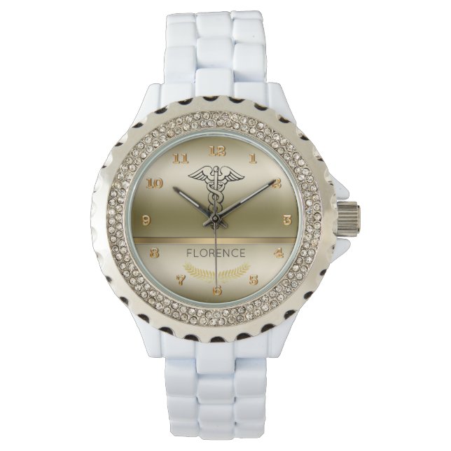 Chic Caduceus-symbool | RN Verpleegkundigen Gouden Horloge (Voorkant)