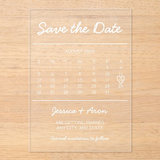 Chic Calendar Bewaar de datum Elegant Modern Kaart Acryl Uitnodigingen (Voorkant)