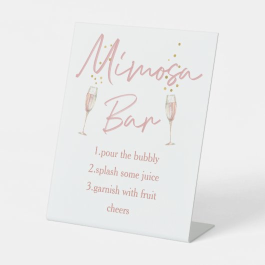 Chic calligraaf vrijgezellenfeest mimosa bar-teken reclamebord met voetstuk (Voorkant)