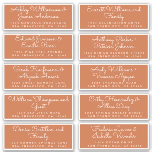 Chic Calligraphy Burnt Oranje Guest Adresetiketten Sticker (Voorkant)
