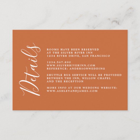 Chic Calligraphy Burnt Oranje Wedding Details Informatiekaartje (Voorkant)