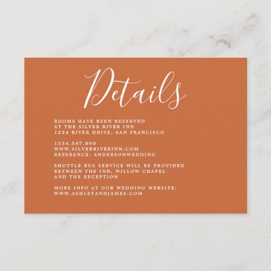 Chic Calligraphy Burnt Oranje Wedding Details Informatiekaartje (Voorkant)