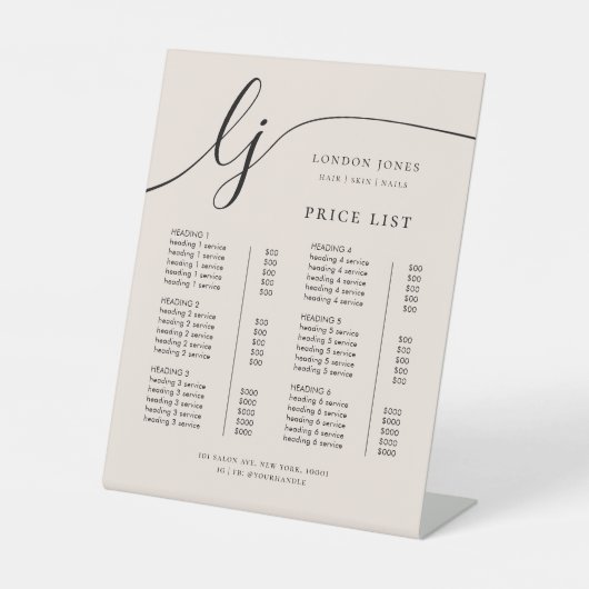 Chic Calligraphy Business Service Blush prijslijst Reclamebord Met Voetstuk (Voorkant)