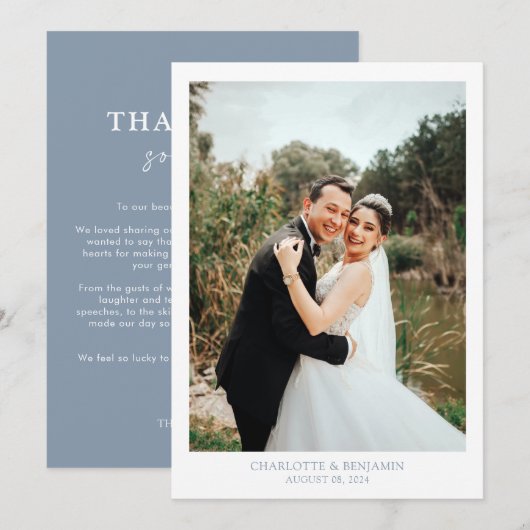 Chic Calligraphy Dusty Blue Script Photo Weddensch Bedankkaart (Voorkant / Achterkant)