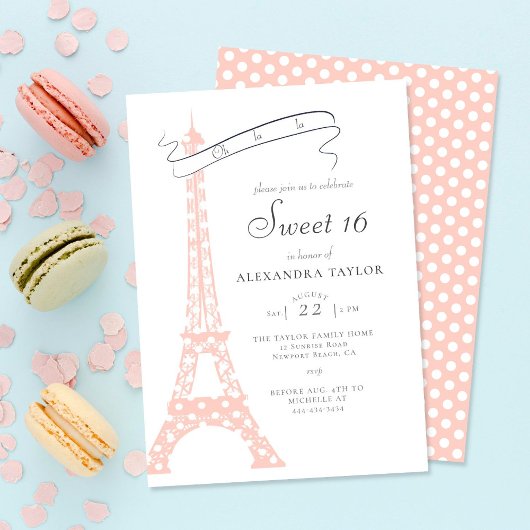 Chic Calligraphy Eiffel Paris Polka Dots Sweet 16 Kaart