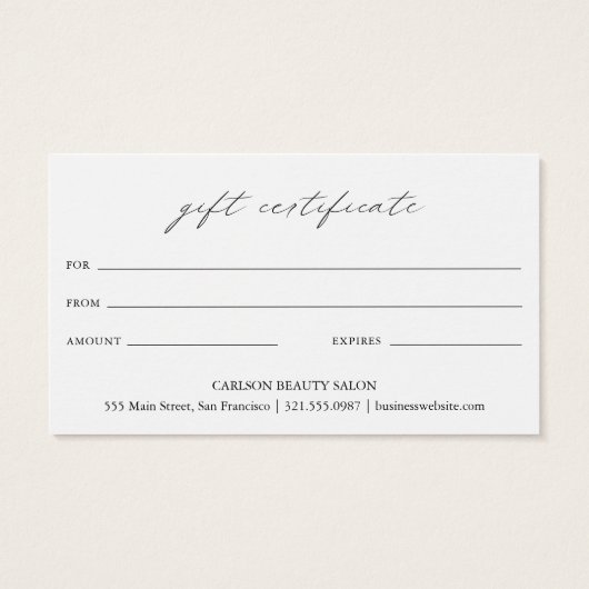 Chic Calligraphy Elegant Business Gift Certificate Visitekaartje (Achterkant)