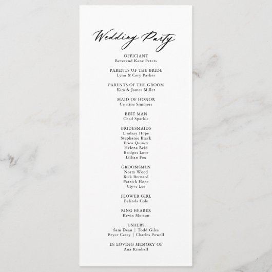 Chic Calligraphy Elegant Wedding Programmakaart (Achterkant)