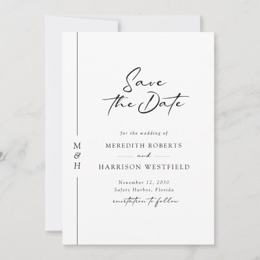 Chic Calligraphy Monogram Black and White Wedding Save The Date (Voorkant)