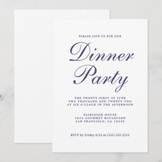 Chic Calligraphy Navy Blue White Dinner Party Kaart (Voorkant / Achterkant)