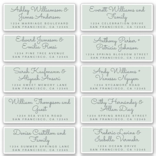 Chic Calligraphy Pastel Green Guest Adresetiketten Sticker (Voorkant)