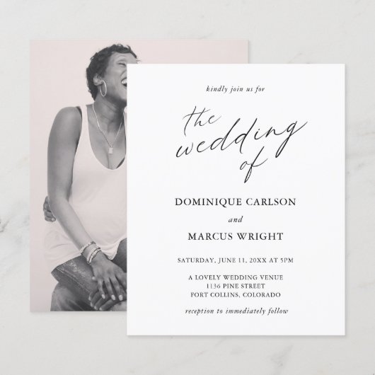 Chic Calligraphy Photo Budget Wedding Invitation (Voorkant / Achterkant)