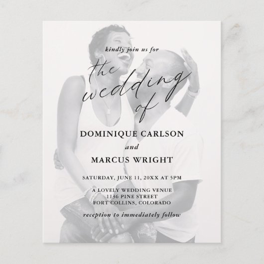 Chic Calligraphy Photo Budget Wedding Invitation (Voorkant)