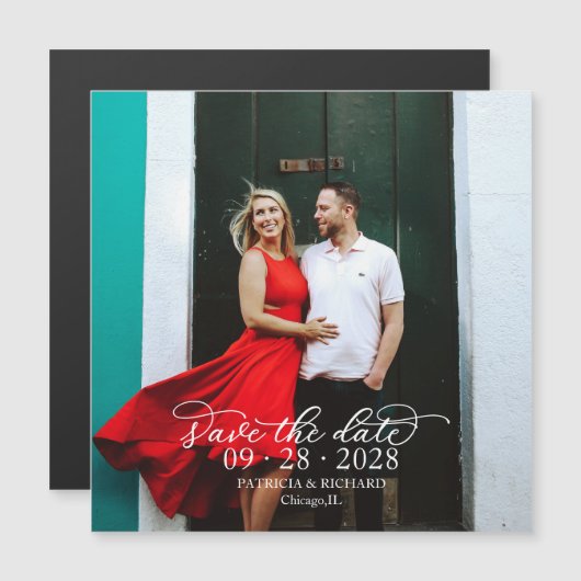 Chic Calligraphy Photo Wedding Save the Date Magnetische Uitnodiging (Voorkant / Achterkant)