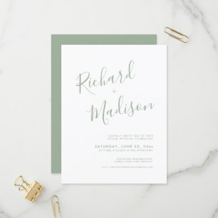 Chic Calligraphy Sage Green Photo Virtual Wedding Uitnodiging Briefkaart