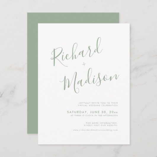 Chic Calligraphy Sage Green Photo Virtual Wedding Uitnodiging Briefkaart (Voorkant / Achterkant)