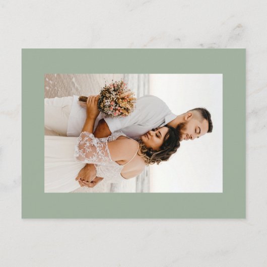 Chic Calligraphy Sage Green Photo Virtual Wedding Uitnodiging Briefkaart (Achterkant)