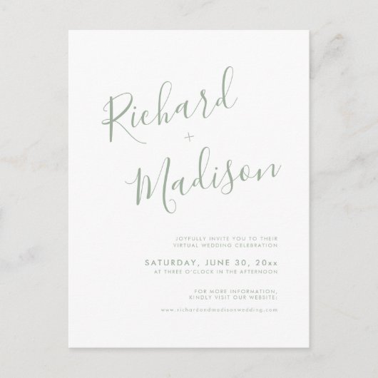 Chic Calligraphy Sage Green Photo Virtual Wedding Uitnodiging Briefkaart (Voorkant)