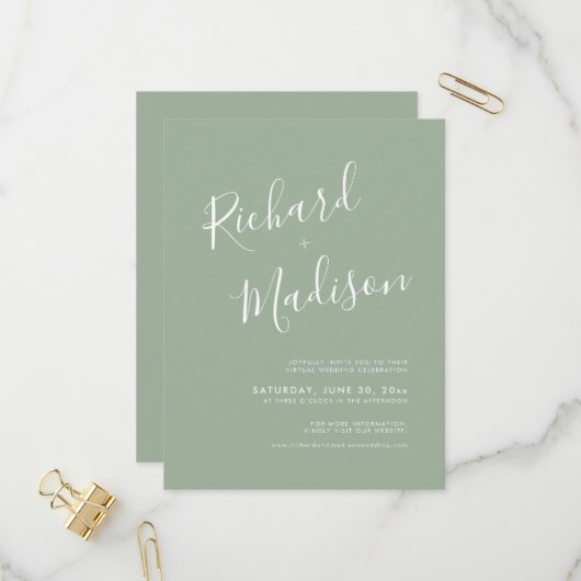 Chic Calligraphy Sage Green Photo Virtual Wedding Uitnodiging Briefkaart (Voorkant / Achterkant in situ)