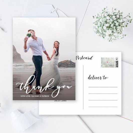 Chic Calligraphy Script Weddenschap Bedankt Foto Briefkaart