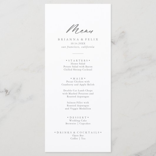 Chic Calligraphy Silver Dinner Menu (Voorkant)