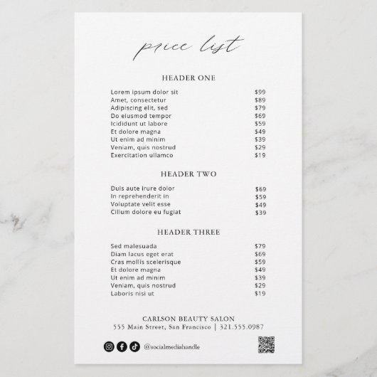 Chic Calligraphy Simple Elegant Price List (Voorkant)