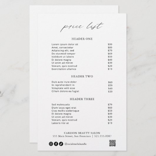 Chic Calligraphy Simple Elegant Price List (Voorkant / Achterkant)