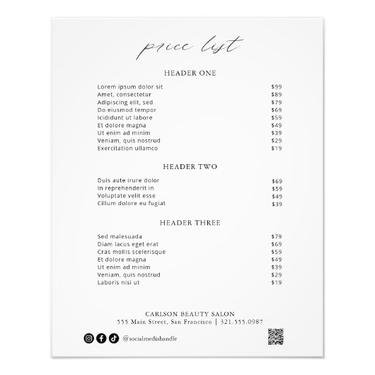 Chic Calligraphy Simple Elegant Price List Foto Afdruk (Voorkant)