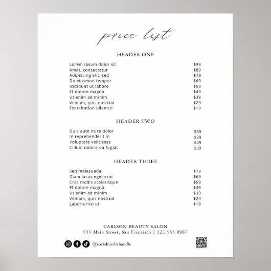 Chic Calligraphy Simple Elegant Price List Poster (Voorkant)