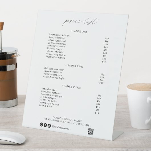 Chic Calligraphy Simple Elegant Price List Reclamebord Met Voetstuk (Insitu)