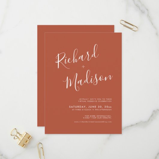Chic Calligraphy Terracotta Photo Virtual Wedding Uitnodiging Briefkaart (Voorkant / Achterkant in situ)