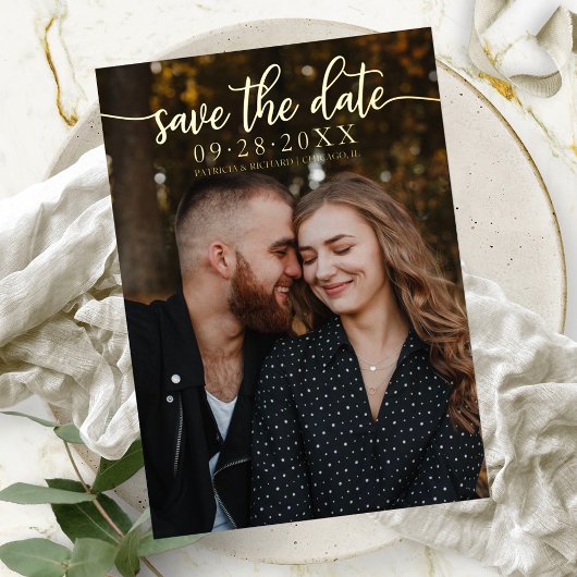 Chic Calligraphy Wedding Save the Date Folie Uitnodiging