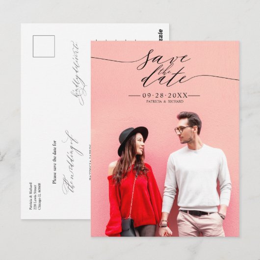 Chic Calligraphy Wedding Save the Date Photo Briefkaart (Voorkant / Achterkant)