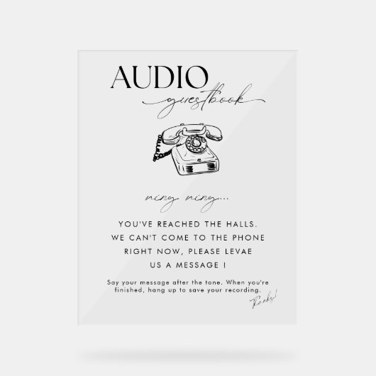 Chic Calligraphy Wedding Telephone Audio Guestbook Acryl Bord (Voorkant)