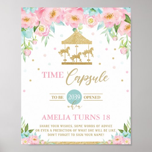 Chic Carrousel Roze Mint Floral Time Capsule Sign Poster (Voorkant)
