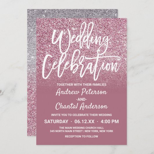 Chic Cassis Pink Silver Faux Glitter Ombre Wedding Kaart (Voorkant / Achterkant)