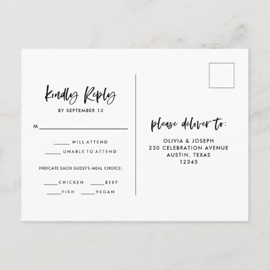 Chic Casual script | Trouwmaaltijd keuze RSVP Briefkaart (Achterkant)