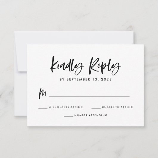 Chic Casual script | Zwart-wit bruiloft RSVP Kaartje (Voorkant)
