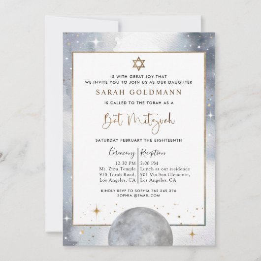 Chic Celestial Silver, White en Gold Bat Mitzvah Kaart (Voorkant)