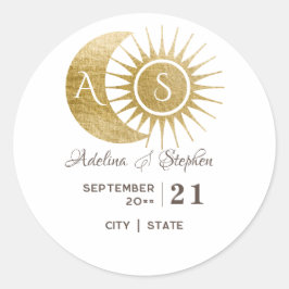 Chic Celestial Witgouden Zon Maan Monogram Crest  Ronde Sticker